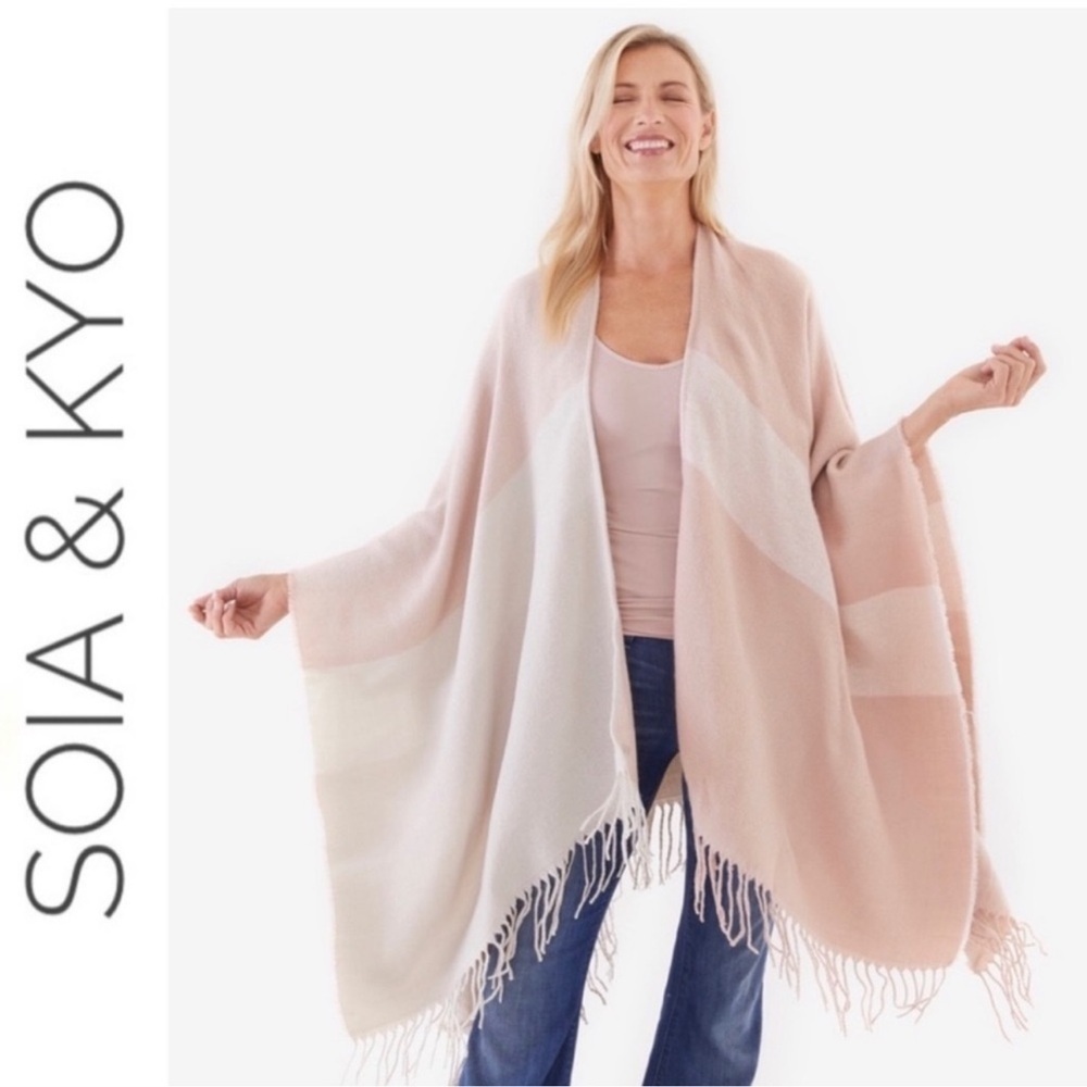 Soia & Kyo Woven Scarf Poncho Wrap Colorblock Fringe Neutrals OS NWT Layering